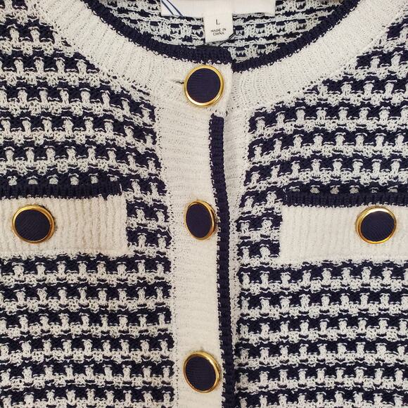 Tuckernuck Pomander Place Navy Stripe Bardot Mini Dress Knitted Button Large NEW - Picture 6 of 10